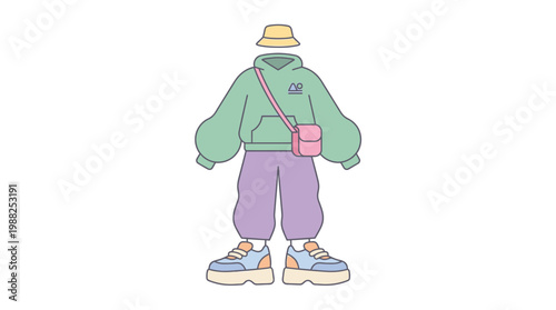 Trendy street style outfit illustration with pastel colors and casual clothes.