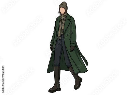 Illustration of a fashionable person wearing a long green winter coat and boots.