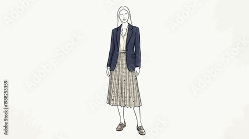 Fashion illustration of a woman wearing a navy blazer and plaid midi skirt.