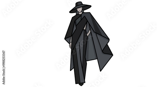 Elegant fashion illustration of a woman wearing a sophisticated black cape and wide brimmed hat.