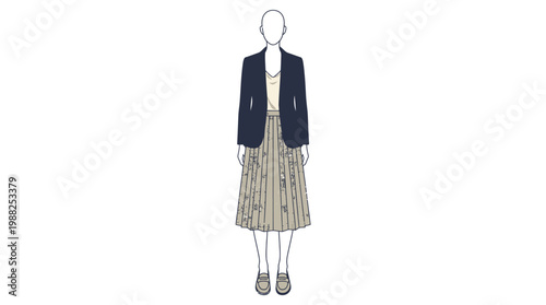 Fashion illustration of a woman wearing a navy blazer and a pleated midi skirt.