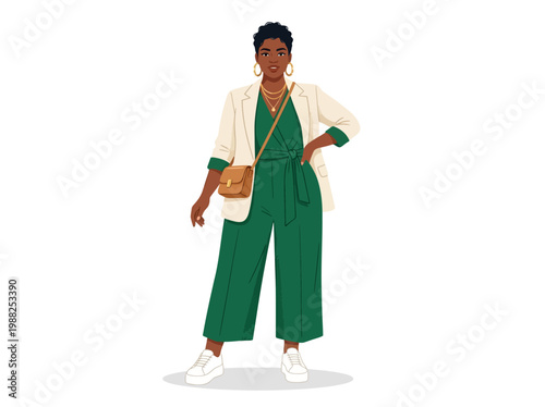 Stylish African American woman wearing a green jumpsuit and blazer.