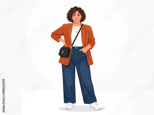 Stylish young woman with curly hair wearing casual blazer and denim jeans.