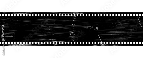 A scratched black film strip stretches across the frame with white sprocket holes. Vector illustration