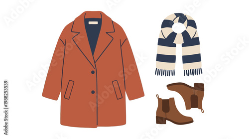 Set of Autumn Winter Clothing Including Coat Scarf and Boots.