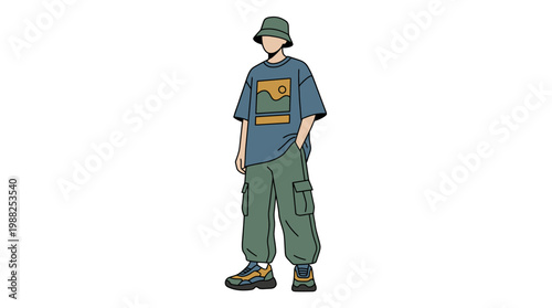 Stylish young man wearing streetwear fashion outfit with bucket hat and cargo pants.