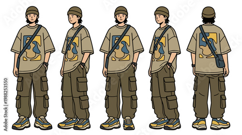 Character design sheet of a young man wearing streetwear fashion with cargo pants and a crossbody bag.