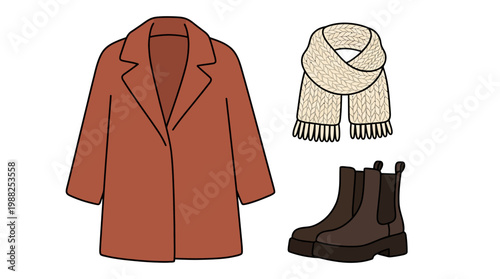 Set of fall and winter fashion clothing accessories including coat scarf and boots.