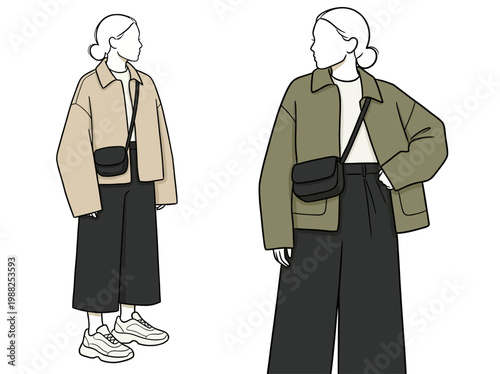 Two stylish women in casual outfits with jackets and crossbody bags illustration.