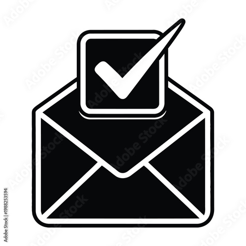 Black and white icon of a confirmed email with a checkmark on a clean white background