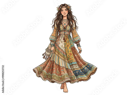 Fashion illustration of a young woman wearing a colorful bohemian patchwork maxi dress.