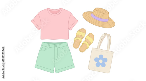Summer vacation outfit set with pink top green shorts hat and bag.