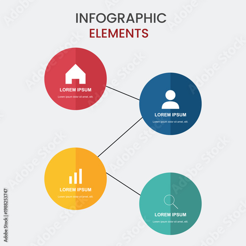 A colorful infographic template with four circles and icons for presenting data and information in a visually appealing way