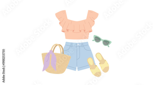 Summer fashion outfit set with crop top denim shorts bag and accessories.