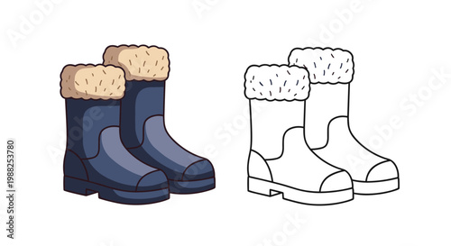 Pair of cozy winter boots with fur lining shown in both a dark blue color and a black and white line art version.