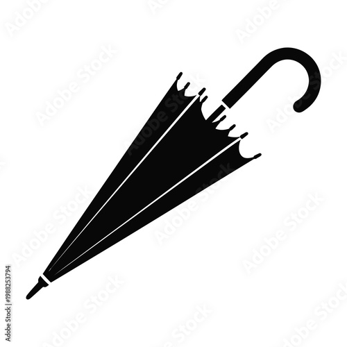 Torn black umbrella silhouette with hook handle on white background symbolizing rain or stormy weather
