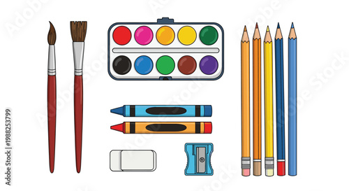 Large assortment of colorful art supplies including a watercolor palette, brushes, crayons, pencils, and eraser.