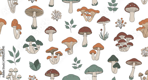 Beautiful seamless pattern featuring various types of colorful wild mushrooms and small green leaves on white.