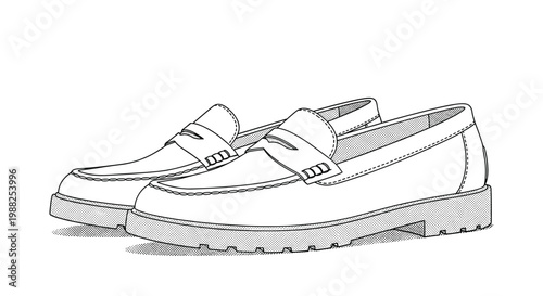 Classic line art illustration of a pair of stylish leather penny loafers shown on a plain white background.