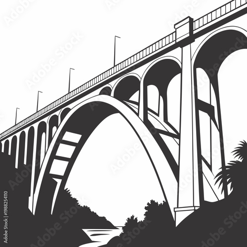 Black and white illustration of a large bridge with arches and streetlights