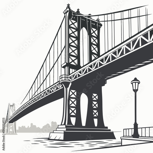 Black and white illustration of the manhattan bridge with a street lamp