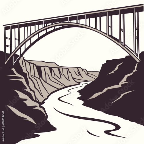 Illustration of a large bridge arching over a river canyon landscape