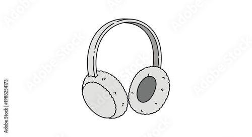 Simple grey and black line art illustration of a pair of soft and fuzzy earmuffs for winter protection on white.