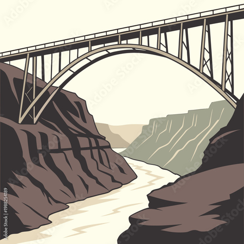 Vector illustration of a large bridge arching over a river canyon with rocky cliffs on both sides in earthy tones