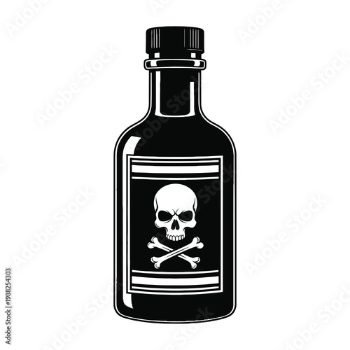 Black bottle with white skull and crossbones label poison symbol isolated on white background