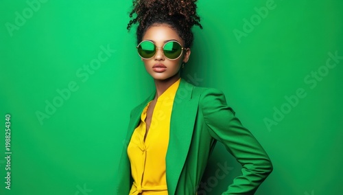 Woman in Green Blazer and Sunglasses Posing.
