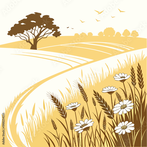 Vector illustration of a serene landscape with flowers, wheat, and a tree on a sunny day with birds flying overhead in the distance