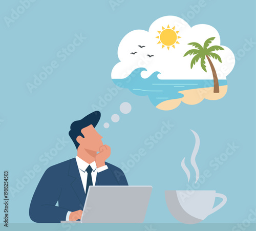 Businessman working at a desk with a laptop and coffee, daydreaming about a relaxing tropical beach vacation and summer holiday, Office Daydreaming, Beach Vacation Planning, Summer Holiday Goals