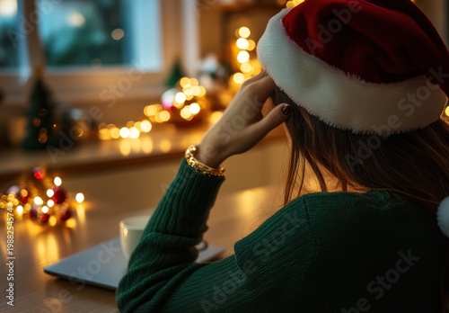 Woman Wearing Santa Hat Relaxing Indoors.