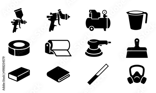 Auto Body Paint Shop Equipment Silhouettes Set – Spray Gun, Compressor, Tools Icons