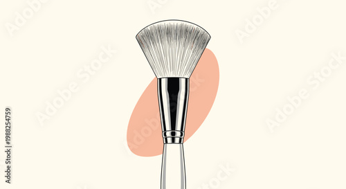 Professional makeup fan brush illustration with dense bristles and a sleek handle over a soft peach background.