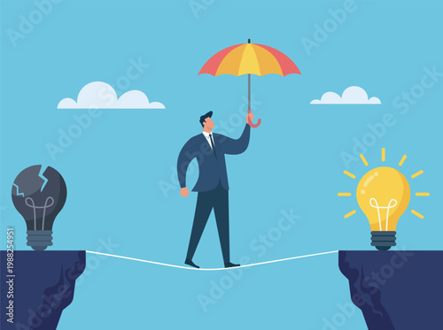 Businessman walking a tightrope with an umbrella from a broken idea to a bright new solution, representing business risk and innovation, Transitioning from Failure to Success