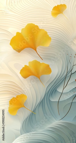 Yellow Ginkgo Leaves on Abstract Background.