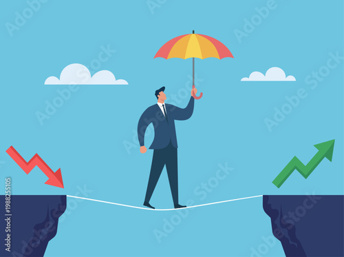 Businessman balancing on a tightrope with an umbrella, walking from a red downward arrow of loss towards a green upward arrow of financial success, Business Risk Management