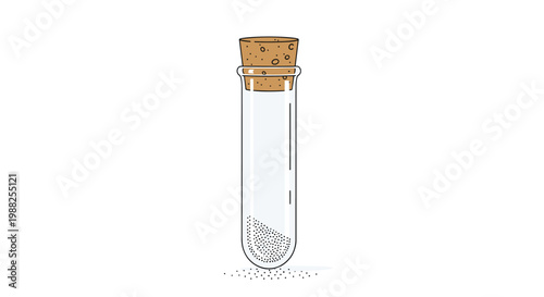 Glass test tube sealed with a cork stopper containing a small amount of gray powder at the bottom of the vessel.
