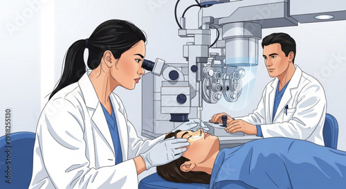 Ophthalmologist examining patients eye with slit lamp medical professional assisting eye care concept for clinic and hospital
