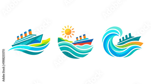 Cruise Ship Logos Set with Waves and Sun