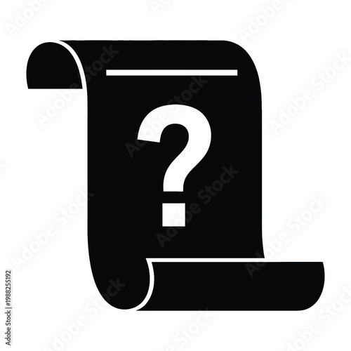 Black and white illustration of a scroll with a question mark on it symbolizing uncertainty or inquiry