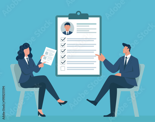 HR professionals evaluating a candidate's resume and discussing job qualifications during a corporate recruitment and hiring process, Job Interview Process, Candidate Evaluation