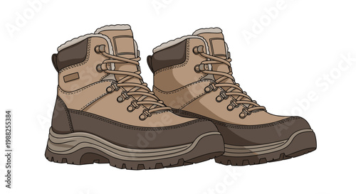Realistic digital illustration of a pair of high top brown hiking boots with thick rubber soles and warm faux fur lining.