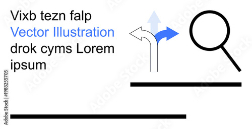 Navigation, search functionality, analysis, user interface, decision making, digital concepts. Minimalistic arrows pointing directions, magnifying glass and placeholder text. Navigation and search