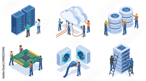 Isometric illustration of data center infrastructure and cloud computing