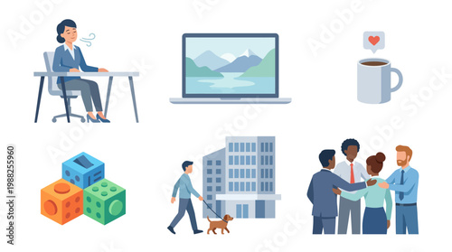 Diverse business and lifestyle icons workplace relationships and daily activities