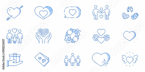 Collection of hand drawn blue line icons representing love and relationships