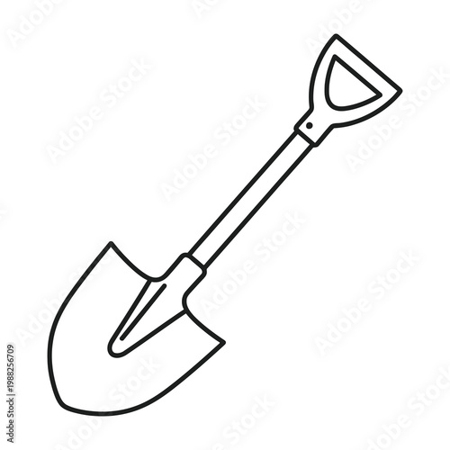 Black line drawing of a garden shovel on white background simple tool icon for digging and landscaping