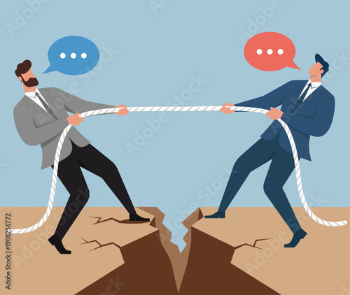 Two businessmen pulling a rope in a tug of war across a chasm with speech bubbles, representing corporate conflict, negotiation, and business rivalry, Corporate Conflict, Business Rivalry